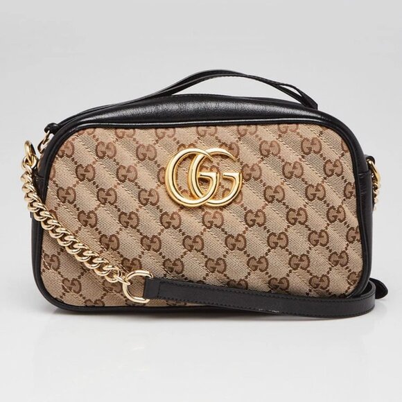Gucci Beige/Ebony GG Diagonal Quilted Canvas Marmont Small Camera Bag - Picture 1 of 10